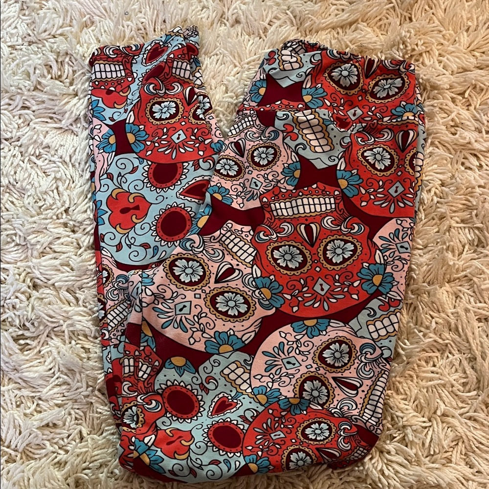 Skull Red and Pink Sugar Skull Print Leggings